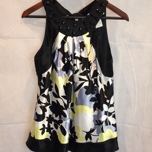 J.R. Nites by Caliendo Beaded Satin Halter Top Blouse Size 6 Black White Floral